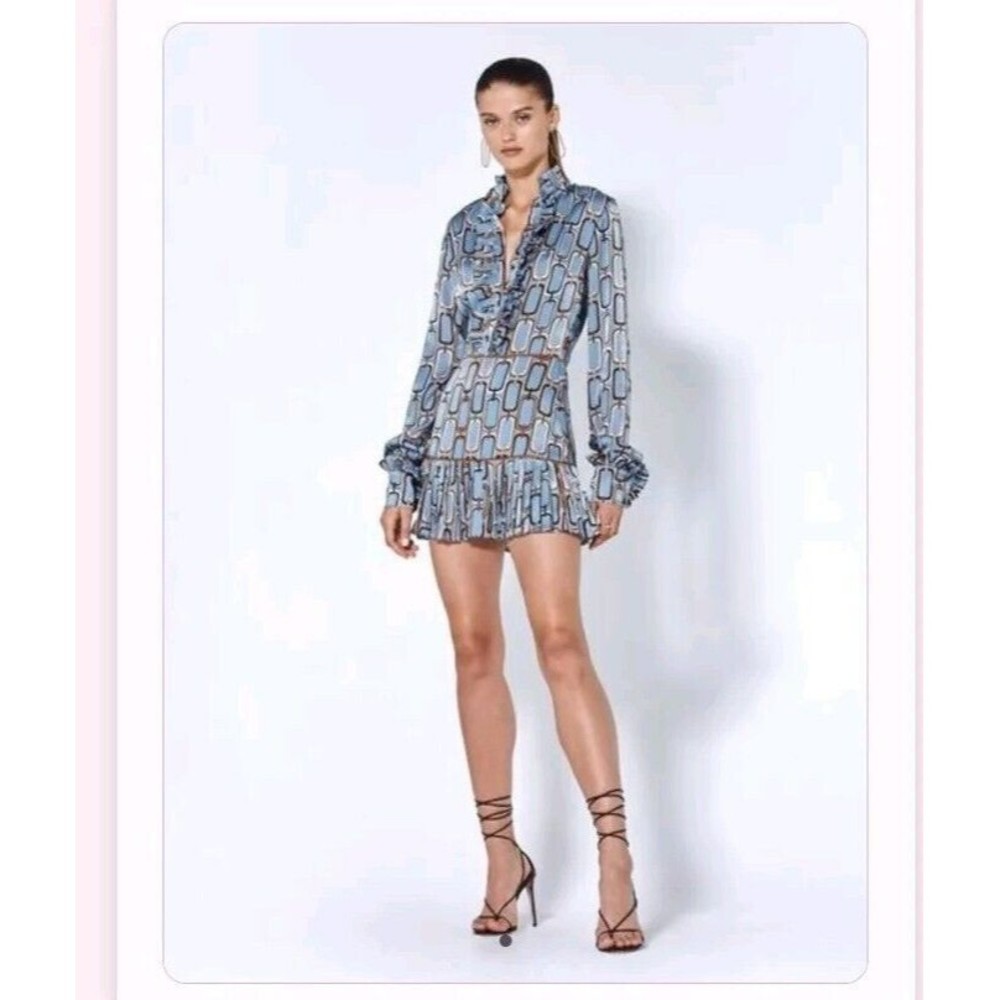 Alexis Cosi Mini Retro Pleated Long Sleeve Dress in Blue Slate Link Print Size S